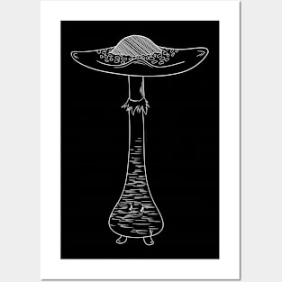 Lepiota Mushroom White Lineart Posters and Art